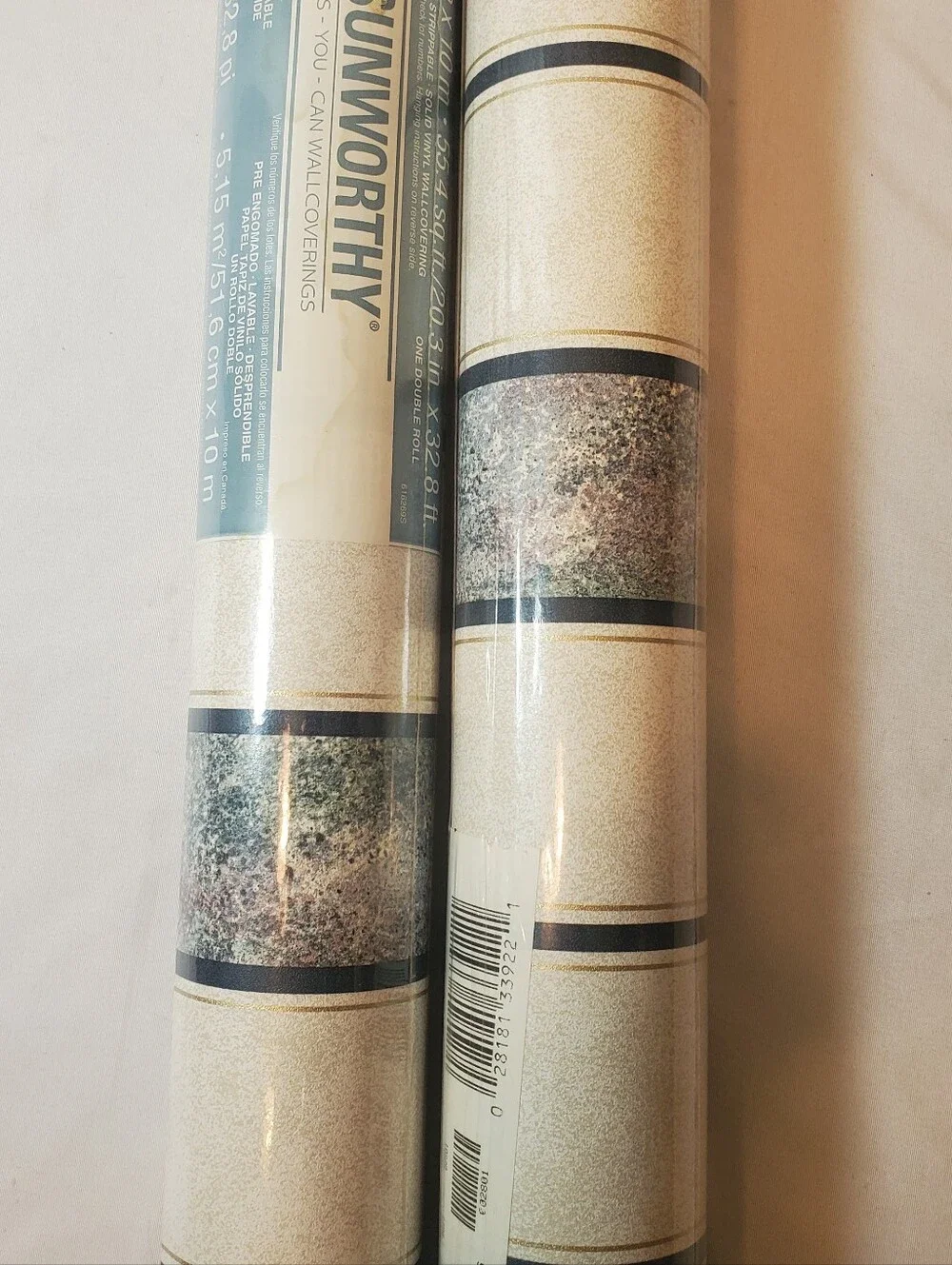 Sunworthy Vtg Striped Vinyl Wallpaper Double Roll 55.4 Sq Ft Ea, Lot Of 2 Rolls